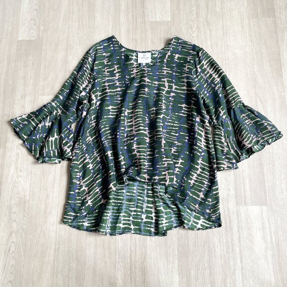 La Roque Bell Sleeve Silk Blouse Green Pattern One Size Small Medium - Picture 1 of 6